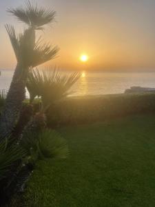 - un coucher de soleil sur l'océan avec des palmiers dans l'établissement Villa Seba Sicily, à Augusta