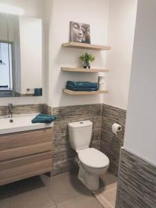 La salle de bains est pourvue de toilettes, d'un lavabo et d'un miroir. dans l'établissement Appartement TERUPE, à Papeete