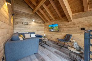 a living room with a blue couch and a tv at Les chalets d'Éléna in Saint-Jean-Saint-Nicolas