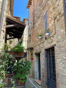 un viejo edificio de ladrillo con macetas. en Ai Muri Dipinti, en Perugia
