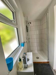 a bathroom with a sink and a shower with a window at Guest house Truro garden retreat in Kenwyn