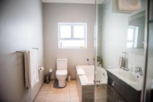 a bathroom with a toilet and a sink and a shower at The Whale on Main B&B in Hermanus