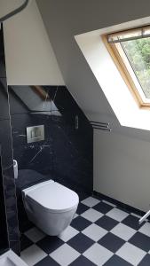 a bathroom with a toilet and a black and white checkered floor at Manoir de Barbotin in Ploërmel