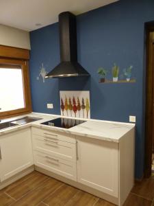 uma cozinha com armários brancos e uma parede azul em Apartamento Ábside de San Juan II em Estella