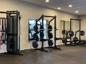 a gym with a row of weight machines and mirrors at Runö Möten & Events in Åkersberga