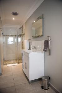 La salle de bains est pourvue d'un lavabo, d'un miroir et d'une douche. dans l'établissement The Whale on Main B&B, à Hermanus