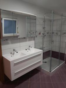 La salle de bains est pourvue d'un lavabo et d'une douche en verre. dans l'établissement Valentina, à Vinišće