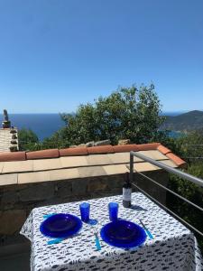 - une table avec deux assiettes bleues et une bouteille de vin dans l'établissement VistaMare & Relax Cinque Terre SeaView & Relax Cinque Terre, à Vernazza