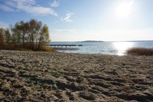 a sandy beach next to a body of water at Ferienhaus Schlossterrassen 4a in Pouch