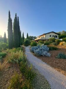 a path in a garden with trees and a house at Casale Terre Rosse Garden in Saturnia