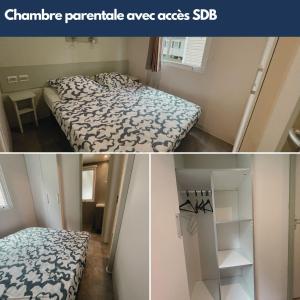 two pictures of a bedroom with a bed at Le Riesling - Mobilhome pour 6 - TV - Climatisé in Boofzheim