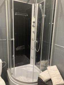 a shower with a glass door in a bathroom at Apartament w Centrum Malborka in Malbork