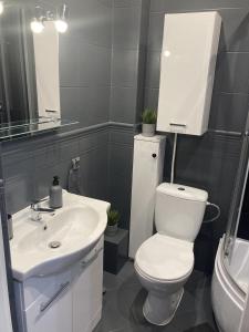a bathroom with a white toilet and a sink at Apartament w Centrum Malborka in Malbork