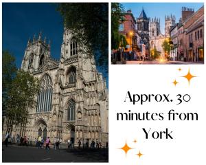dos fotos de una catedral y las palabras a unos minutos de York en Leylands, 