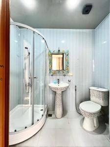 uma casa de banho com um chuveiro, um lavatório e um WC. em BATUMI KEY 8 em Batumi