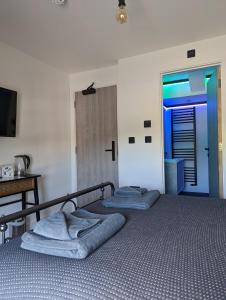 two twin beds in a bedroom with a blue light at The Wolfe Inn Wolfscastle in Haverfordwest