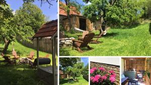 vier Bilder eines Gartens mit Stühlen und einem Pavillon in der Unterkunft Zöld Cica Vendégház in Hévíz