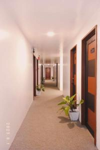 an empty hallway with potted plants in an office building at Mbs Hotel (Maramag Business Suites) 