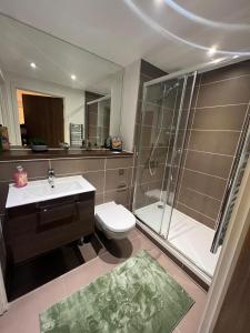 La salle de bains est pourvue d'une douche, de toilettes et d'un lavabo. dans l'établissement Spacious Sleep 8 Flat 20 mins Central London BP9, à Londres