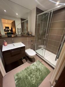 a bathroom with a sink and a shower and a toilet at Spacious Sleep 8 Flat 20 mins Central London BP9 in London