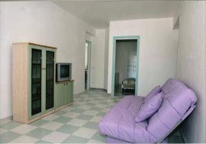 a purple couch in a living room with a tv at Le Dune Residence in Santa Maria Del Focallo