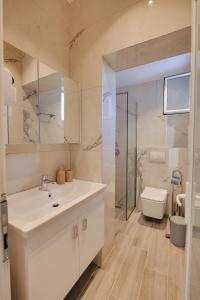 a bathroom with a sink and a shower and a toilet at Vila Eduart in Ksamil
