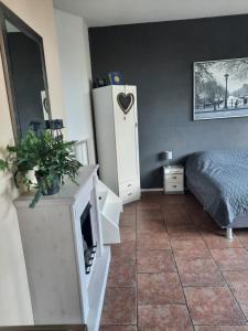 ein Schlafzimmer mit einem Kamin, einem Bett und einem Kühlschrank in der Unterkunft Quarenta Studio in Amsterdam