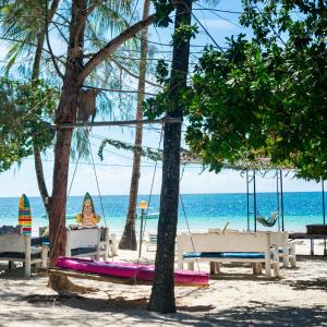 a swing on the beach with the ocean in the background at Soul Breeze Backpackers Diani in Diani Beach