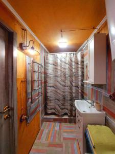 y baño con cortina de ducha y lavamanos. en Orelskyi Dvor en Mohyliv