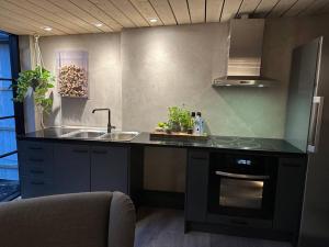 una cucina con un lavello e un piano di lavoro di Gamla stallet a Helsingborg