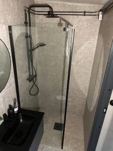 a bathroom with a glass shower with a sink at Gamla stallet in Helsingborg