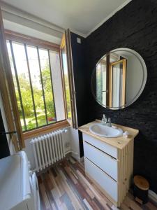 een badkamer met een wastafel en een spiegel bij Chambre d’hôte proche gare et centre 1 in Besançon