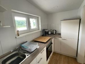 a kitchen with a sink and a white refrigerator at Ferienwohnung Pirna mit Elbblick in Pirna