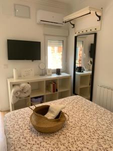 1 dormitorio con una cesta en la cama y TV en Estupenda Suite con entrada independiente cerca a IFEMA Y BARAJAS, en Madrid