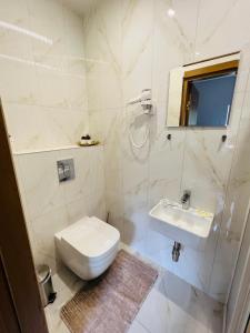 La salle de bains est pourvue de toilettes et d'un lavabo. dans l'établissement Vėjukai, à Viduklė
