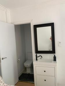 y baño con aseo, lavabo y espejo. en Estupenda Suite con entrada independiente cerca a IFEMA Y BARAJAS, en Madrid