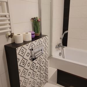 baño con 2 rollos de papel higiénico en un estante en Oskar Apartament Centrum PKP, en Mińsk Mazowiecki