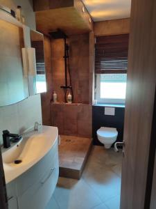 ein Bad mit einem Waschbecken und einem WC in der Unterkunft Eigentumswohnung Uhlenhorst 1 in Mülheim an der Ruhr