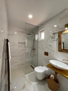 a bathroom with a shower and a toilet and a sink at stressfree charm house in Odeceixe +34 photos