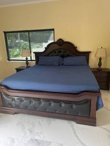 a bedroom with a large bed with blue sheets and a window at Luxury Comfy Penthouse Red hills in Kingston