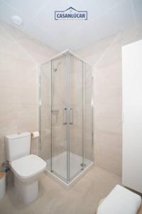 Un baño con inodoro y ducha de cristal. en Alcoba 17, en Sanlúcar de Barrameda 24 fotos más