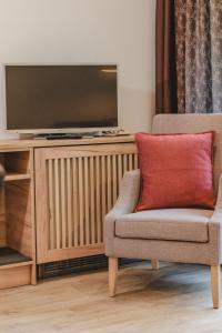 a living room with a chair and a television at ALPINE Appartement 208 Schladming by globboard in Schladming