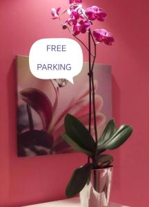 wazon z rośliną z bezpłatnym znakiem parkingowym w obiekcie ARS Apartment w Nowym Sadzie