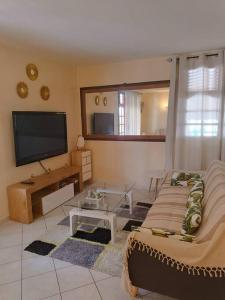 sala de estar con sofá y TV de pantalla plana en Bas de villa (T4) proche de la plage en Bouillante