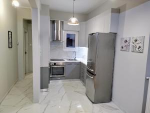 a kitchen with a stainless steel refrigerator in a room at Εlite Αpartment Trikala in Tríkala
