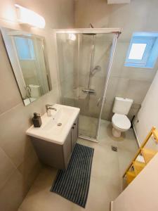 a bathroom with a sink and a shower and a toilet at Olive tree cottage in Elia Laconias