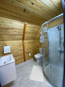 a wooden bathroom with a shower and a toilet at Green Luxury Bungalovs in Pazar
