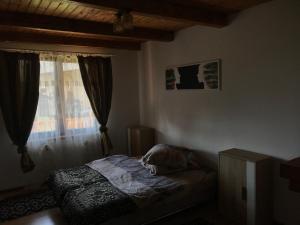 a bedroom with a bed in front of a window at Căsuța din munți in Sadova +3 photos