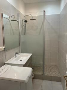 カンヌにあるPradignacの白いバスルーム(シャワー、シンク付)