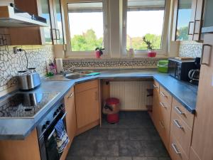 a kitchen with a sink and a microwave at Querenhorst, Unterkunft am Feld in Querenhorst